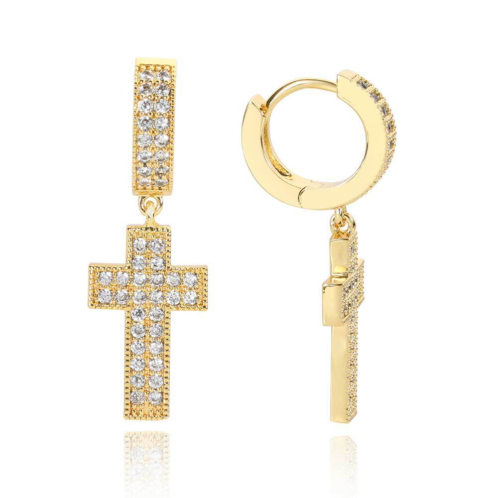 Double Row Full Diamond Hip Hop Cross Earrings