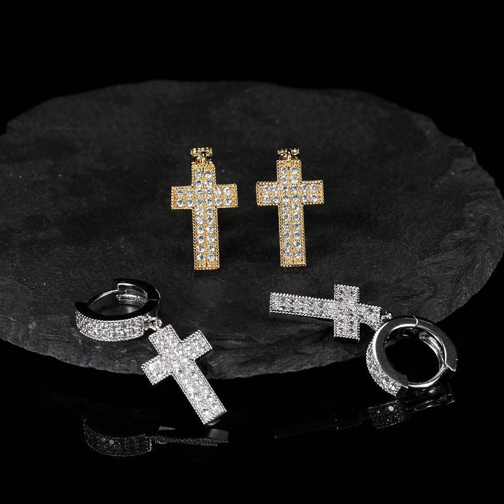 Double Row Full Diamond Hip Hop Cross Earrings