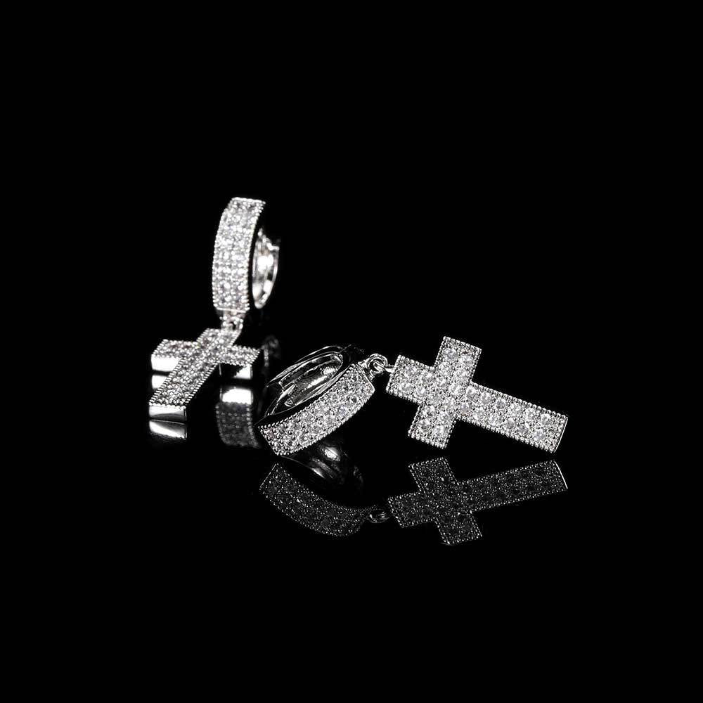 Double Row Full Diamond Hip Hop Cross Earrings