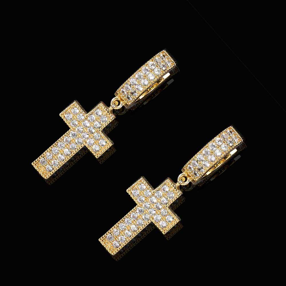 Double Row Full Diamond Hip Hop Cross Earrings