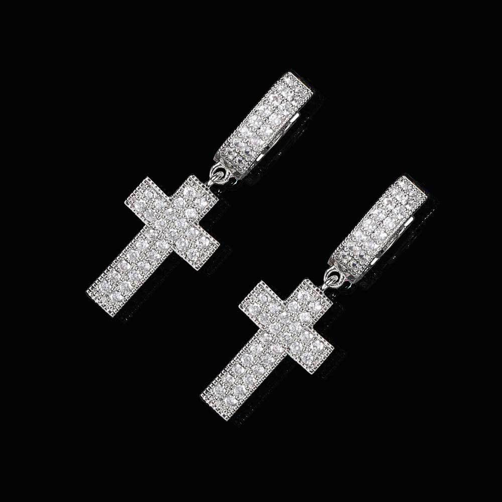 Double Row Full Diamond Hip Hop Cross Earrings