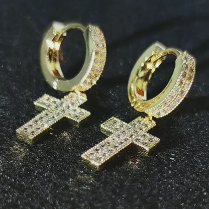 Double Row Full Diamond Hip Hop Cross Earrings